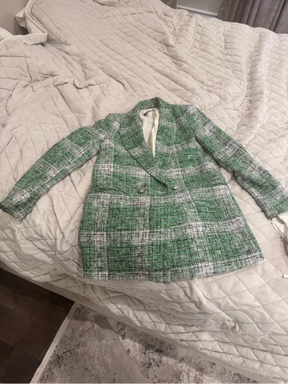Zara Green and White Plaid Tweed Double-Breasted Blazer